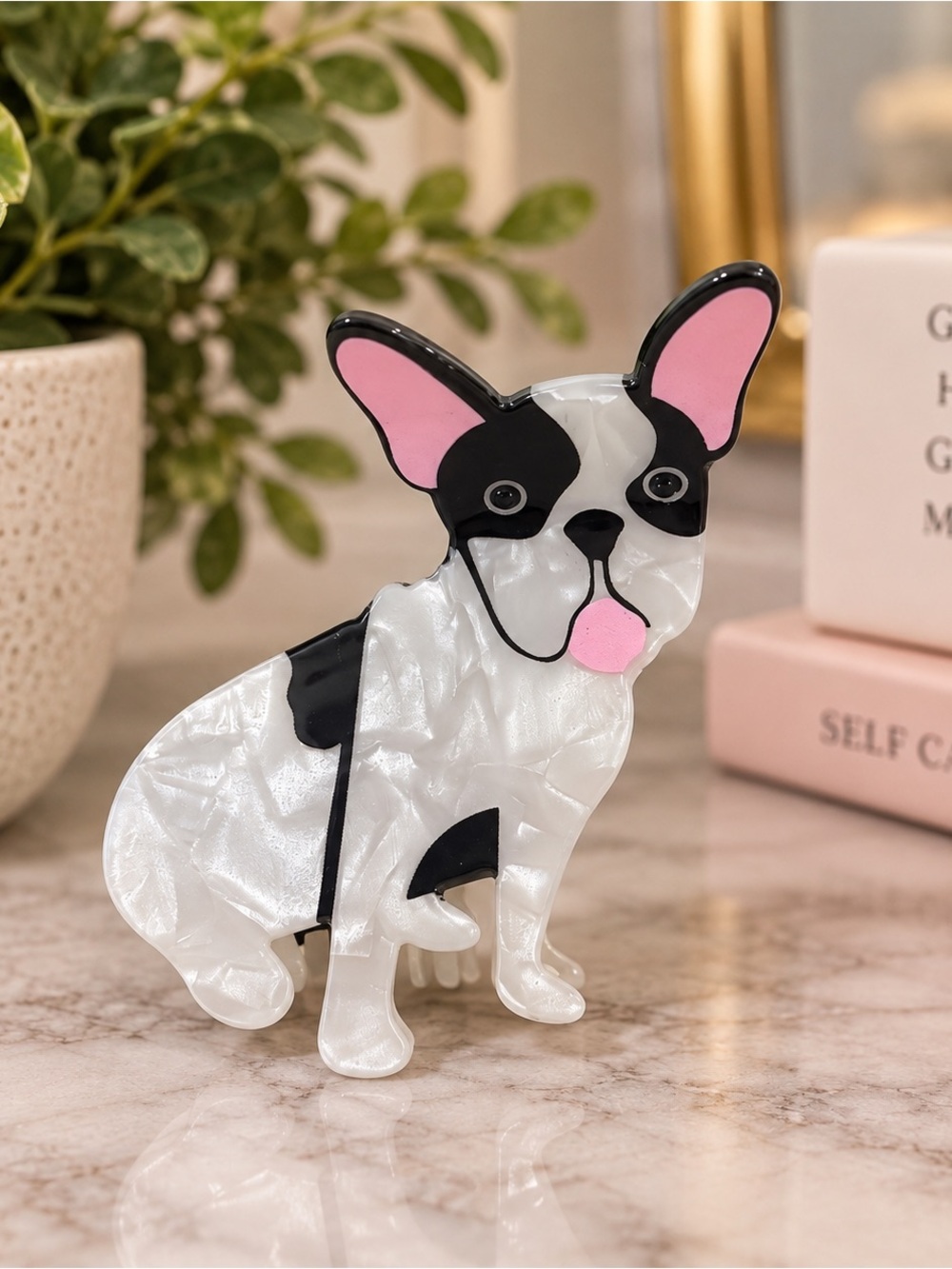 French Bulldog Dog Claw Hair Clip Black White Pearl Pink
